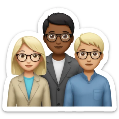 four people. Asian girl, black guy with glasses and dyed blonde hair, indian guy with glasses, asian guy sticker