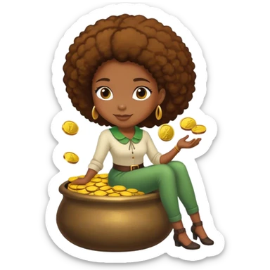 black woman sitting on a pot of gold coins sticker