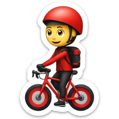 Garçon en tenue rouge sur un vélo noir vélo avec un sac tout rouge cubique, sticker