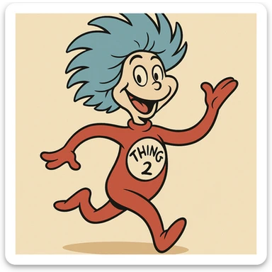 Thing Two from Dr. Seuss, playful, blue hair, red suit, white circle with 'Thing 2' text, cartoon style sticker