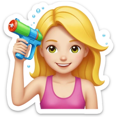 girl holding a water gun up at someone and smiling with her eyes closed ￼ sticker