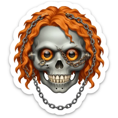 steam-punk Megadeth - iconic skull mascot with rusty metal eye covers and chains on his teeth, orange curly huge hair sticker