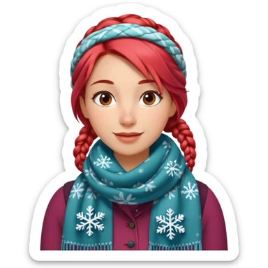 A red braid hair cheerful woman with patterned scarf, snowflakes land on her hair. sticker