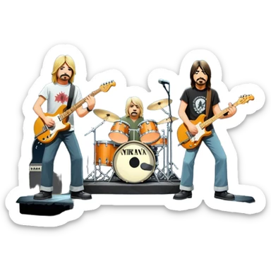 Icon for Rock Music: Nirvana performing on stage with Kurt Cobain on guitar and vocals, Krist Novoselic on bass, and Dave Grohl on drums. A grunge-inspired vibe with dynamic stage lighting and musical energy. Transparent background. sticker