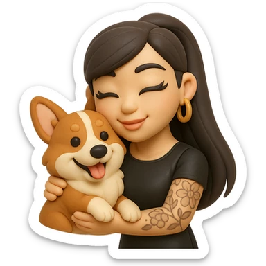 fondant cake art style emoji of an Asian girl with long hair in a ponytail, deep side bangs, black leather dress, gold hoop earrings, dramatic false lashes, and a floral 3/4 sleeve tattoo on her left arm, hugging a smiling red head tri-color corgi, simplified, emoji-like sticker