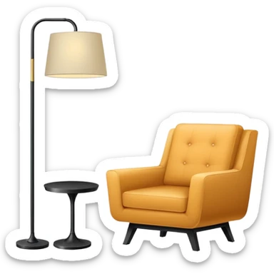 Minimalistic flat vector icon, iOS style, thin black contour on white background. Floor lamp, armchair, and framed picture on wall. Clean, no text, no shadows sticker