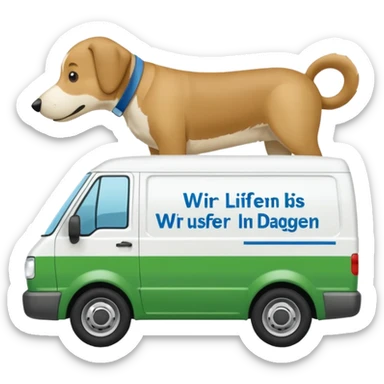 a white delivery van with green and blue color on the delivery van tarpaulin. Text: Wir liefern bis an die Türe. Ausser Ihr Hund ist dagegen" sticker