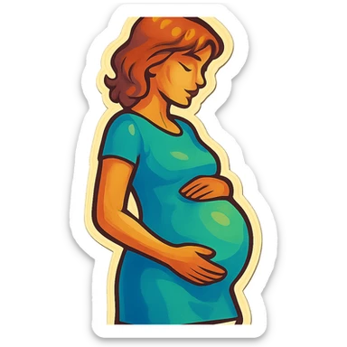 pregnant woman half-length portrait, in short dress, standing sideways, holding belly, face and head fully in frame, retro stickers style, soft rounded shapes, expressive contours, vintage color palette, light paper texture, shadows and highlights, transparent background sticker