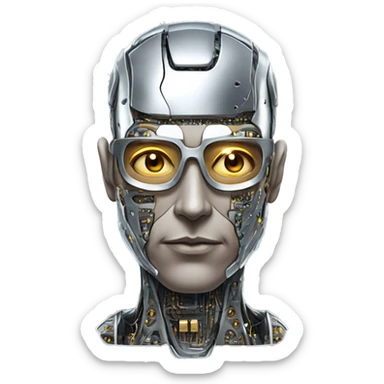 Male cyborg head with metallic skin, flat top, rectangular glasses and circuits sticker