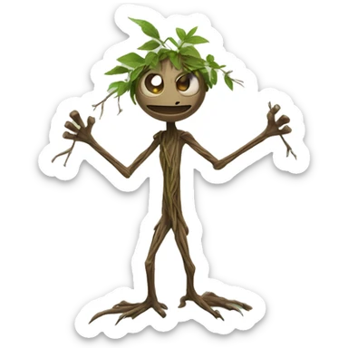 bowtruckle: small tree-sticked magical beast with long sharp fingers (two on each hand), brown eyes, and a general appearance of a flat-faced stick figure made of bark and twigs sticker