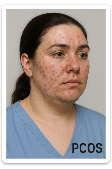 realistic 3D medical style image of a woman with PCOS, acne on face and hair under chin, clinical details, neutral background, 2:3 aspect ratio sticker