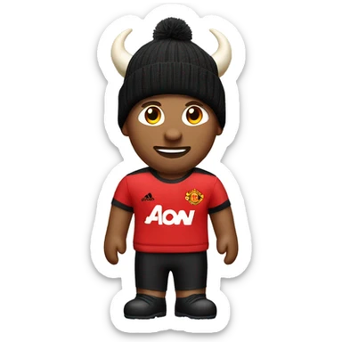 a man with horns in a red Manchester United football club T-shirt. He wears a black winter hat on his head sticker