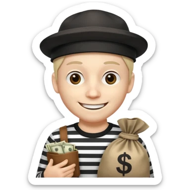 robber with 4 lines of black and white striped shirt and he has a money bag in his hand and a robber hat and he is smiling and he is whiteno money in his hand no money out of bag the bag is to the left  sticker