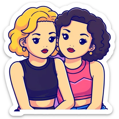 Full body of two teenage girls sitting together, one white with straight blonde hair and one brown-skinned with curly black hair, both with heavy makeup, big lips, crop tops, gold jewelry and flashy choni style outfits sticker