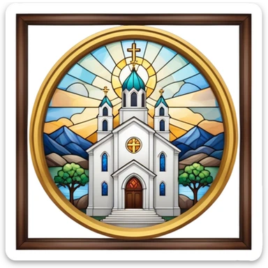 A beautiful white church with a gold cross on top and stained glass windows sticker