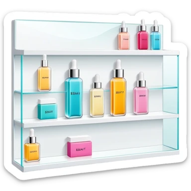 big long white shelf with one serum bottle labeled beauty brand and big sticky note sticker