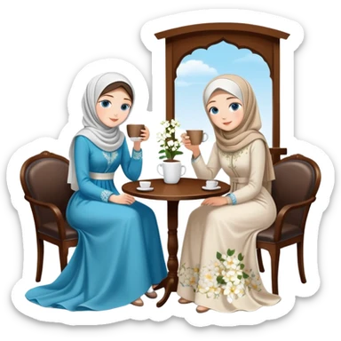 Turkish beautiful finish Konya girls blue eyes with Beautiful white blossom floral hijab long tail dress and the two friends in a white lovely coffeehouse sits on the chair on the ground and holds cup coffe with her hand  sticker