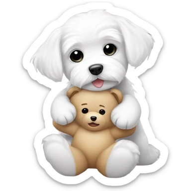White maltese dog hugging a teddy bear sticker