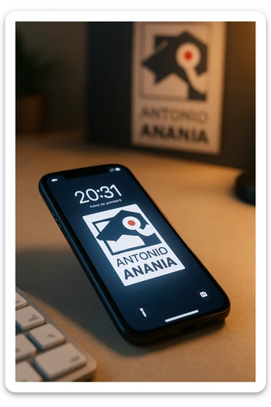 A photo of an iPhone with the message "Antonio Anania" on its screen, The phone sits atop a desk with a blurred background that suggests work environment. A faint glow from above casts gentle shadows across the surface of each object, creating depth and highlighting their textures. sticker