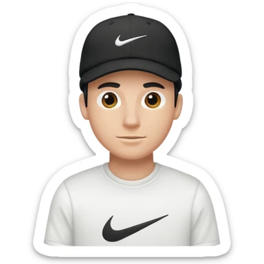 A guy wearing a white Nike shirt, a black Nike cap, sticker