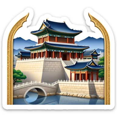 Cinematic Realistic Gyeongbokgung Palace Landmark Emoji, depicted with regal historic architecture rendered with intricate detail and majestic, dynamic lighting. sticker