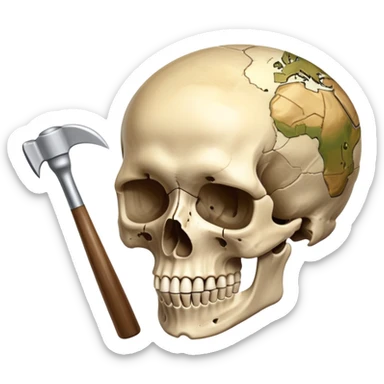 An icon featuring a human skull and fossilized bones, symbolizing the study of anthropology. The design includes archaeological tools like a pickaxe and brush, with a background of ancient artifacts and a globe. Transparent background emphasizes the exploration of human history and evolution. sticker