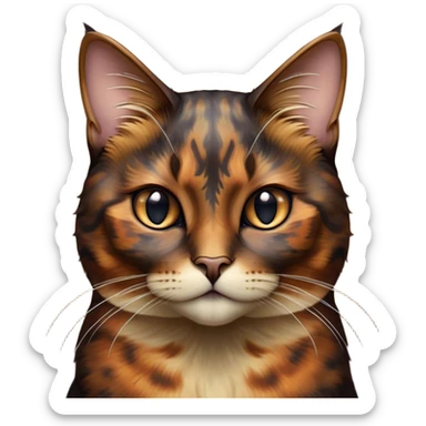 Cinematic Noble Tortoiseshell Cat Portrait Emoji, Poised and dignified, showcasing a luxurious, mottled fur of rich browns and blacks, with elegantly arched whiskers and a determined yet gentle expression, simplified yet meticulously detailed, glowing with a subtle, regal radiance, high shine, embodying quiet nobility and refined charm, soft glowing outline, capturing the essence of a sophisticated tortoiseshell cat exuding quiet authority! sticker