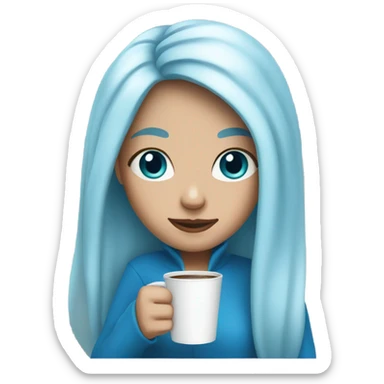 white skin girl with blue long hair drinking coffee sticker