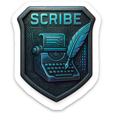 a metal insignia badge for a "scribe", space scifi-futuristic cyberpunk futurepunk sticker