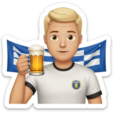 Men with Bolsdorf shirt drinks beer and watches race sticker