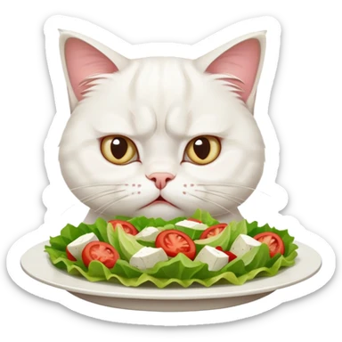 grumpy white cat sitting at a table, looking confused with its ears slightly back. In front of the cat is a plate with a salad with mouth a little open, and Disagree in the cat's face sticker