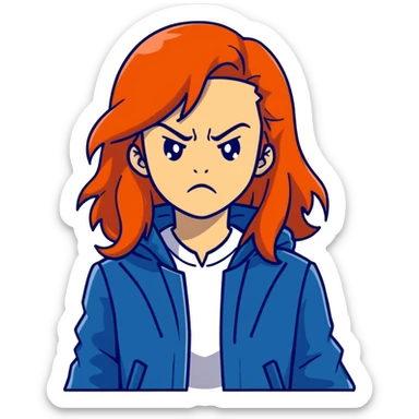 Redhead girl with long hair in blue jacket looking angry sticker