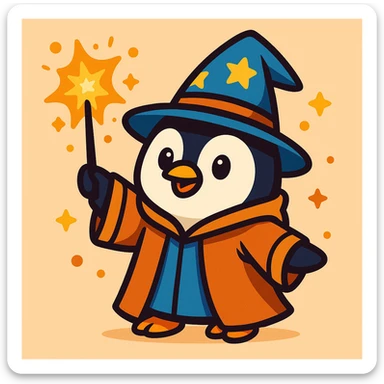 a cute penguin wizard casting a spell, wearing a robe and holding a wand, in a colorful cartoon style, vibrant toon illustration sticker