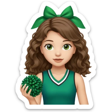 A pretty girl, her eyes is blue, her hair is brown long wavy hair, and wear green Hawkins cheerleader no sleeve uniform and hold pompom sticker