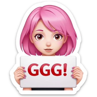 girl with pink hair, big sign, sign says GG sticker