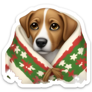 dog snuggled in Christmas blanket sticker