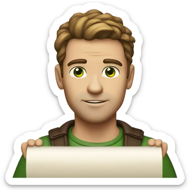 A light-skinned man with piercing green eyes, styled brown hair holding the long white paper scroll sticker