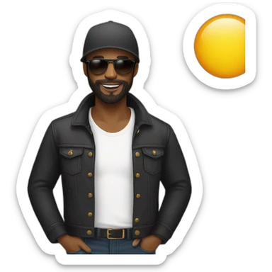 Black man with beard wearing circular sun glasses and wearing a black trucker har sticker