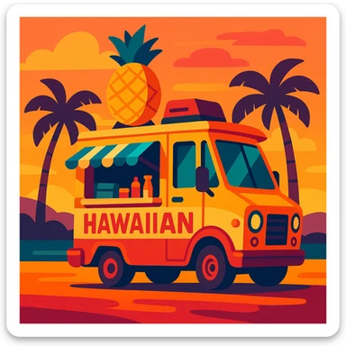 Hawaiian food truck with exaggerated features and sunset palette in vibrant toon style sticker