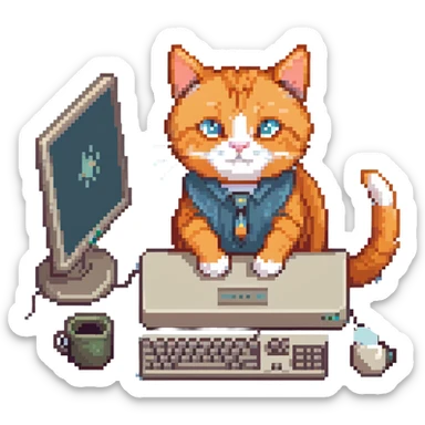 orange cat typing on desktop computer sticker
