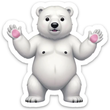 Make a humanoid polar bear shrugging, showing only from chest above, no legs, his nose must be pink sticker