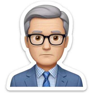 Middle-aged man around 50 with oversized square jawline that's broader than his forehead. Large dark square-framed glasses, short straight hair with subtle graying and side part. Serious expression. Light gray blazer, white button-up shirt with blue checkered pattern. sticker
