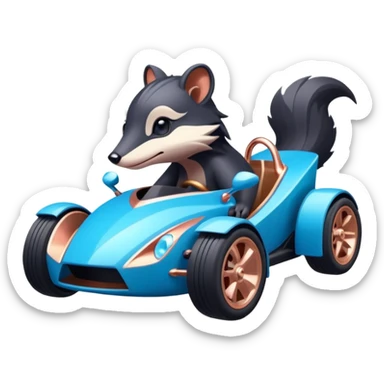 dark crystal blue and rosegold-accented faceted-body electric racing car driven by a small cute but fearless skunk with rear spoiler, roll bar, and wheely bar sticker