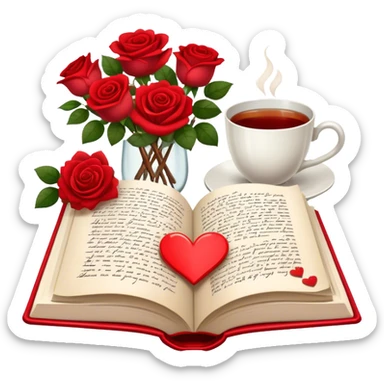 Icon for Romance Reading: an open book with a heart-shaped bookmark, surrounded by roses, a love letter, and a cup of tea. The icon should evoke the warmth, passion, and emotional depth of a love story. Transparent background sticker