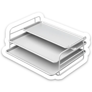 A minimal, clean emoji-style illustration of a white metal desk paper organizer tray, shown in slight isometric view so its structure is readable at a small scale. The organizer is rectangular with rounded corners, made of thin white metal wires, forming two to three stacked horizontal slots.
 sticker