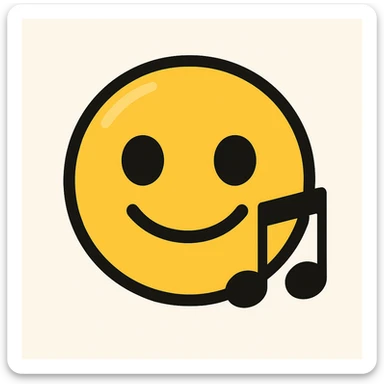 Adjust the emoji style to match the Rednote app emoji style exactly: flat, shiny rounded face, big expressive eyes, yellow and black palette, musical note symbol, no 3D effects. sticker