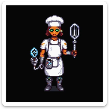 Portrait of a cyborg baker with a mechanical arm holding a whisk, glowing eyes, chrome apron, skeuomorphism style sticker