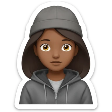Hobo tomboy with shoulder-length center-parted dark brown hair. brown eyes, dark dull brown hoodie, grey shirt. Flat crown bolero hat sticker