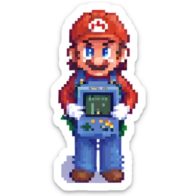 Super Mario with a Gameboy, retro pixel art vibe sticker