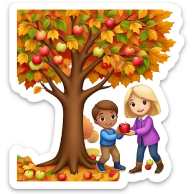 kids picking apples from a tree in autumn, colorful fall leaves, cheerful expressions sticker